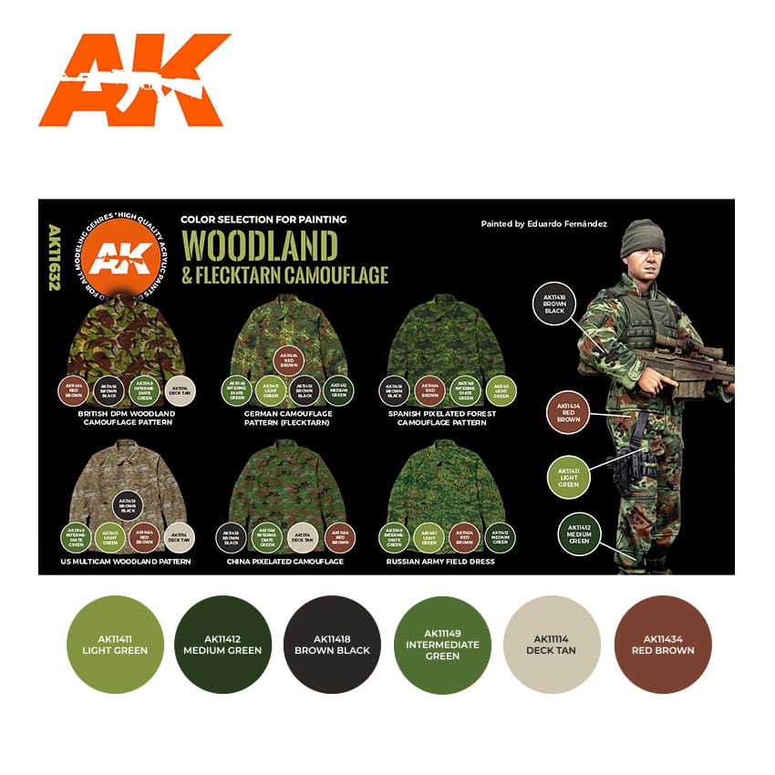 AK11632 Набор красок MODERN WOODLAND AND FLECKTARN CAMOUFLAGES 3G